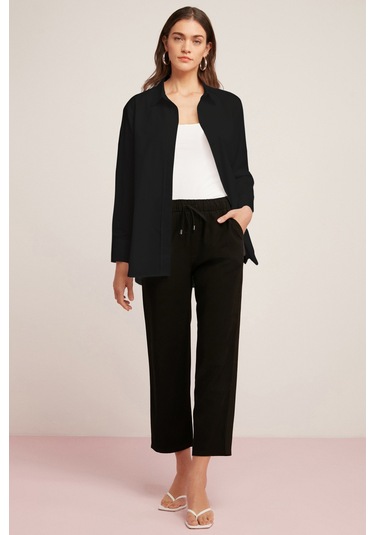 Ethıquet Georgıa Kadın 100% Pamuk Poplin Oversize Fit Siyah Gömlek