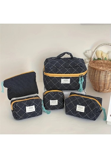 Fochsia Mavi Klasik Ekose Beş Parça Set Çanta Makyaj Çantası Kalemlik Coin Purse Ahşap