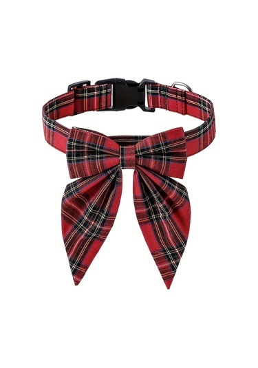 Elmpaly Kırmızı Ekose Köpek Tasması Dekoratif Papyon Güvenli Toka