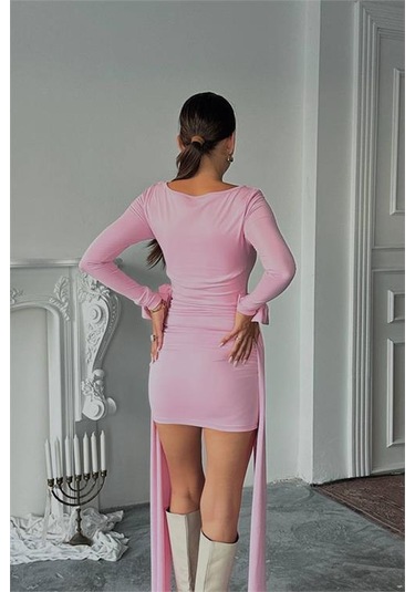 Neşeli Butik Kadın Yan Kurdele Detaylı Mini Elbise Nbdf167 Pembe