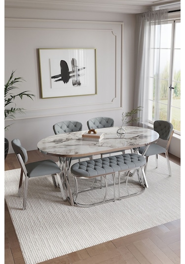 Mutfak Masası Takımı 6 Kişilik Masa Takımı Elma Avangarde Yemek Masa Takımı Benchli Beyaz Mermer Gümüş