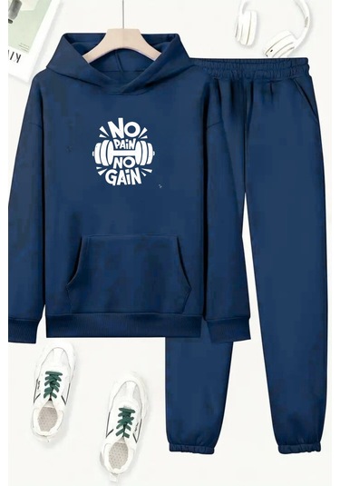 Unisex Lacivert No Pain No Gain Baskılı Eşofman Kapüşon- Kışlık Şardonlu Kumaş Lacivert