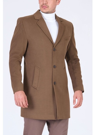 Slimfit V Yaka Kışlık Camel Kaşe Kaban Palto-Camel