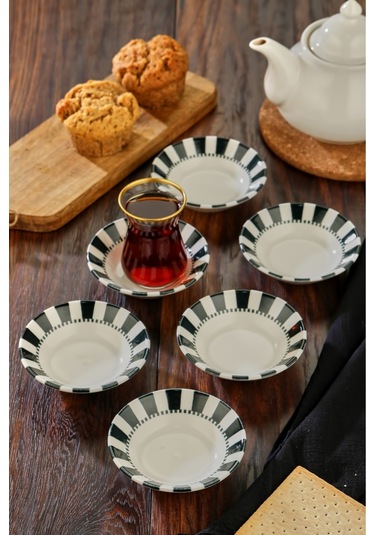 Cooker 6'lı Desenli Porselen Çay Tabağı Siyah