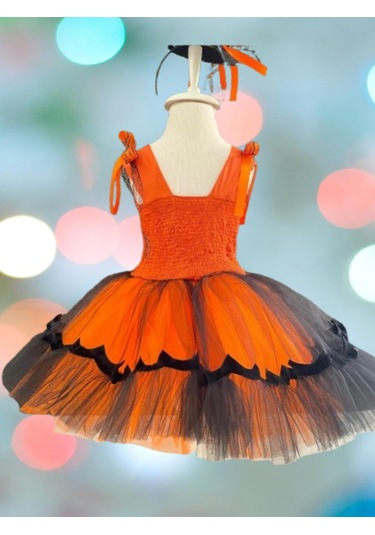 Halloween Cadılar Bayramına Özel Turuncu -siyah Arkası Lastikli Tokalı Balkabağı Kız Kostümü