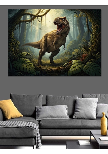 Ormanda Yürüyen Dev Dinazor T-rex Dekoratif Kanvas - Mdf Ahşap Tablo