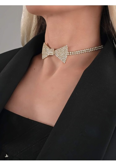 Papyon Model Rhinestone Choker Tasma Model Gold Renk Kolye Gold Çok Renkli