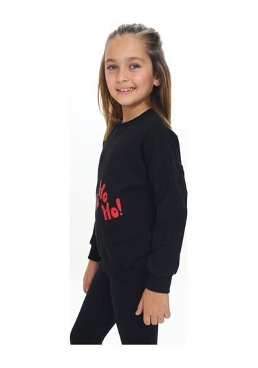 Toontoy Kız Çocuk Kardan Adam Ho Ho Ho Baskılı Sweatshirt Siyah