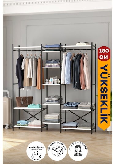 10 Raflı Metal Gardırop Metal Portmanto Açık Gardırop Elbise Dolabı Vestiyer Openix Beyaz