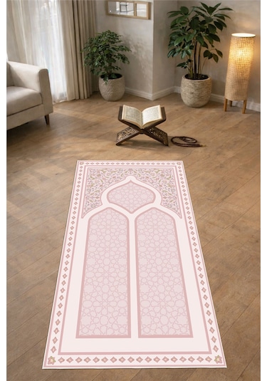 Klasik Desenli Baskılı Kaymaz Taban Yıkanabilir Pembe Seccade