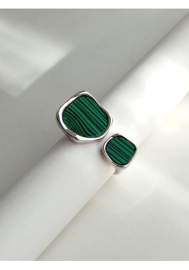 Gümüş Yeşil Malahit Taşlı Kare Tasarım Ayarlanabilir Kadın Yüzük