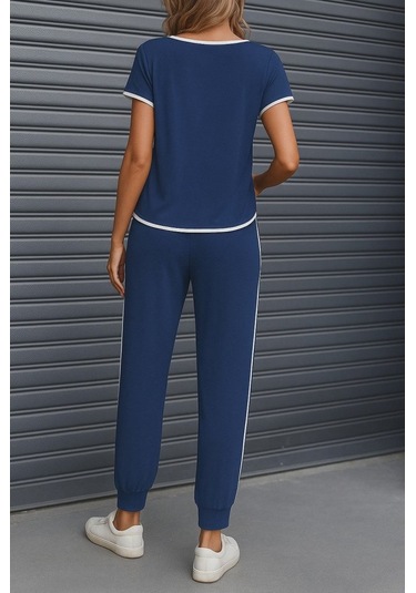 Supplierby Kadın Kısa Kollu Kayık Yaka Viskon Iki Iplik Bluz Ve Bağcıklı Pantolon Ikili Takım Lacivert