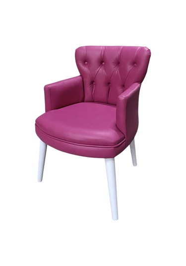 Tekli Fuşya Deri Beyaz Ahşap Ayaklı Ofis Koltuk Kafe Koltuğu Sandalye Berjer Fuşya