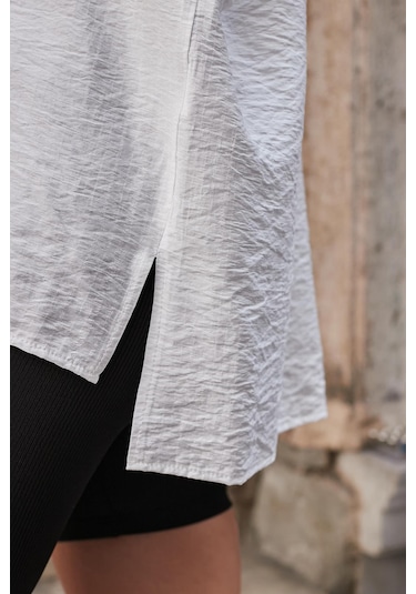 Kadın Likrasız Keten Kumaş Yakalı Cepli Düşük Omuzlu Salaş Oversize Tunik Gömlek-krem Krem