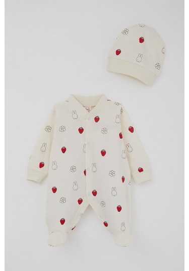 Breeze Kız Bebek Patikli Tulum Sevimli Tavşancık & Çilek Desenli 0-6 Ay, Ekru Ekru