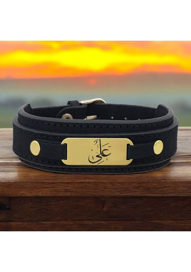Archin Hz Ali Temalı 14 Ayar Altın Plakalı Doğal Siyah Derili Oval Motifli Hediye Bileklik-438sembol Hz Ali
