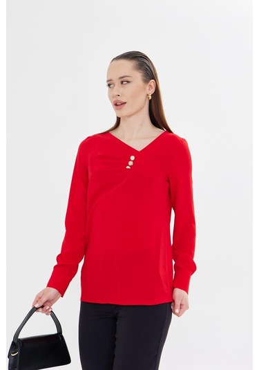 Yakası Pileli Ve Düğme Detaylı Gömlek Kırmızı Kırmızı