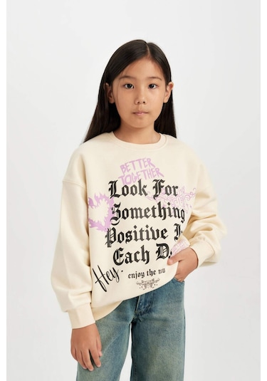 DeFacto Kız Çocuk Relax Fit Bisiklet Yaka Baskılı Sweatshirt D4387A824WNER99 Ekru