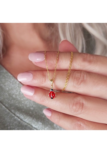 925 Ayar Gümüş Kırmızı Uğur Böceği Kolye Gold