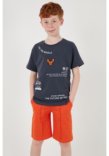Lela Pamuklu Baskılı Bisiklet Yaka Kısa Kollu Şortlu Erkek Çocuk Takım 6212010 Füme
