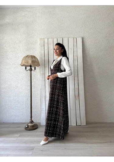 Kahverengi Tüvit A-kesim Jile Elbise Kahverengi