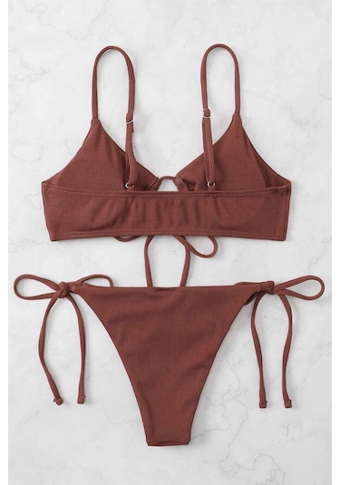Angelsin Rib Dokulu Ön Ve Yan Bağcık Detaylı İpli Brezilya Bikini Takımı Kırmızı