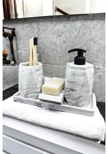 Betonmall 4 Parça Mermer Desenli Beton Banyo Seti Katı Sıvı Sabunluk Diş Fırçalık Tepsi - Gri Gri