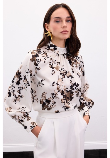 Sateen Dik Yaka Bluz - Haki-136865 haki