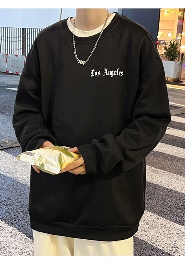 Unisex Oversize Los Angeles Baskılı Bisiklet Yaka Sweatshirt Siyah