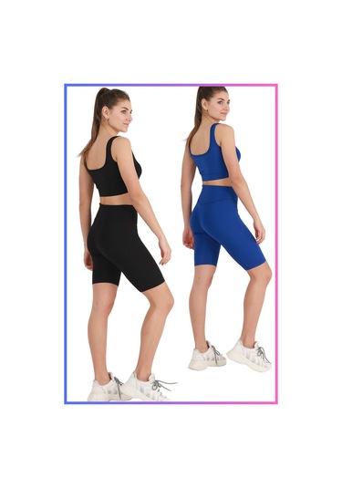 Kadın Yüksek Bel Toparlayıcı Şort Tayt Siyah & Mavi 2'li Paket Lycralı Biker Shorts 21070 Siyah - Mavi