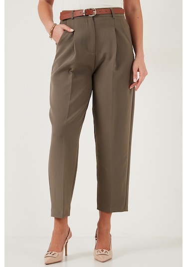 Lela Regular Fit Yüksek Bel Düz Paça Kemerli Bayan Pantolon 68350938 Haki