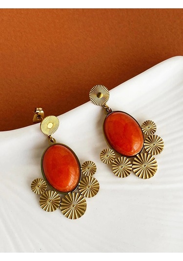 Turuncu Taşlı Vintage Çelik Küpe Çok Renkli