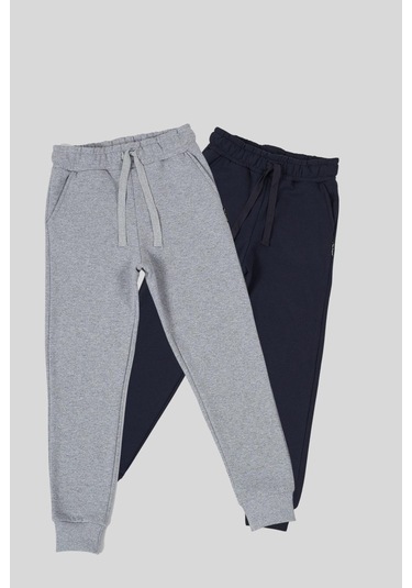Mmetalic Kalın Pamuklu Beli Ve Paçası Lastikli Cepli 2'li Erkek Çocuk Eşofman Altı Gri - Lacivert