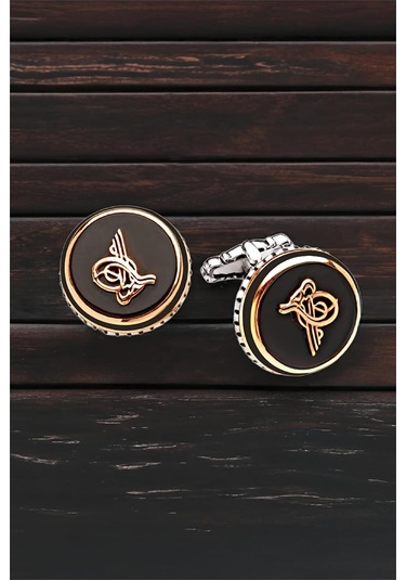 Gümüş Onix Taşlı Osmanlı Tuğralı Yuvarlak Kol Düğmesi