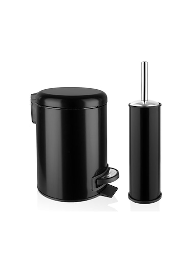 Elit Serisi 4'lü Banyo Seti Çöp Kovası Wc Fırçası Sabunluk Diş Fırçalık - Siyah 3 Lt'li Yavaş Kapanır Siyah