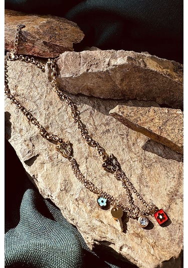 Kaplan Model Anahtar Tasarım Zirkon Taşlı Örgü Zincir Kadın Paslanmaz Çelik Gold Renk Kolye Altın