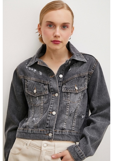 Never More Sırtı Nakışlı Kot Mont Antirasit Antrasit