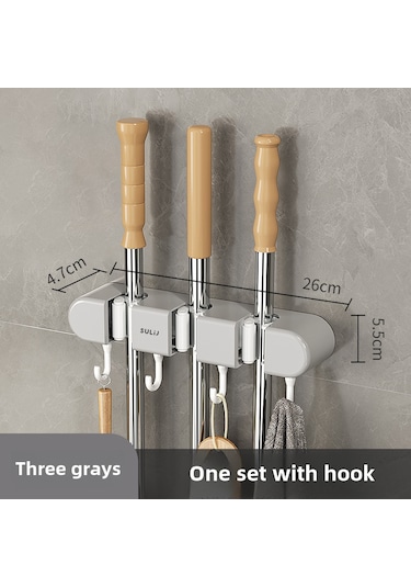Geeroyoo Duvar Montajlı Süpürge Tutucu, 3 Klipsli Gri, Delik Açmadan Yapıştırıcı, Banyo Temizlik Gereçleri Depolama Rafı Diğer