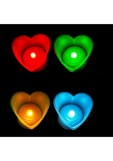 Kalpli Led Işıklı Mum Kırmızı Mum Yeşil Mum Beyaz Mum Sarı Mum Heart Led Light Multi Colors 48 Adet Renkli