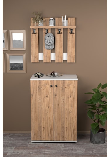 Portmanto Vestiyer 5 Raflı Ayakkabılık Ve Çit Duvar Askılık Set Çam-beyaz Kahverengi