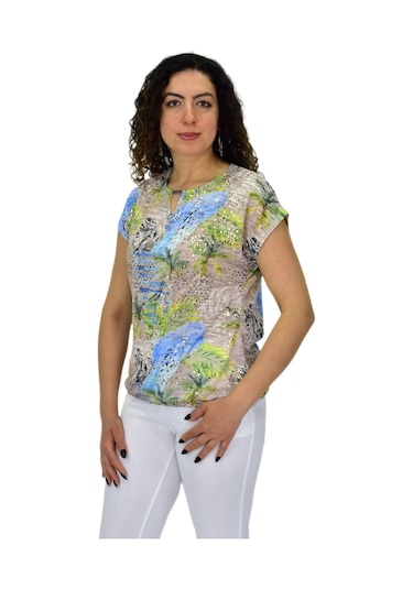 Kadın Kısa Kol Baskılı Bluz Bgl-st04690 Bej