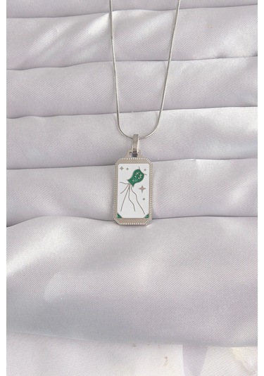 316l Çelik Gümüş Renk Beyaz Mineli Tarot Kolye Gümüş