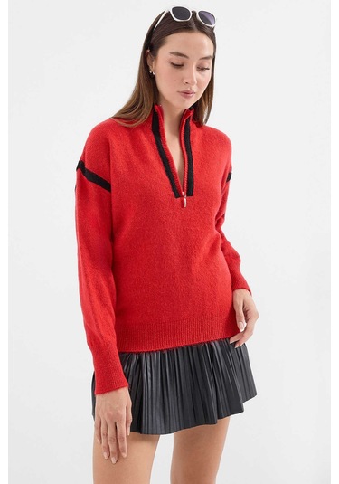 Gabria Fermuarlı Şeritli Kazak Kırmızı