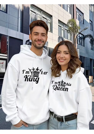 Nevermind Sevgili Çift Kombin King And Queen Baskılı Özel Tasarım Kapüşonlu Beyaz