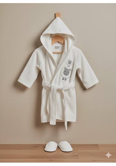 Kuzu Nakışlı 2'li Ekru Bornoz Ve Terlik Ekru
