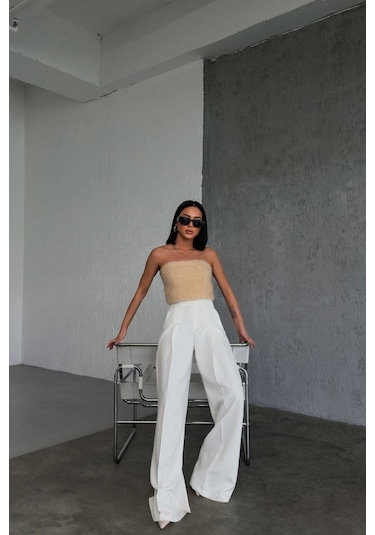 Üç Düğme Detayli Palazzo Pantolon Antrasit Melanj