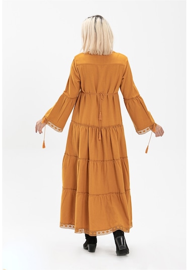 Uzun Kol Seçil Pazen Uzun Elbise Hardal Hrd