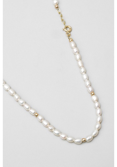 So Chic Doğal İnci Taşlı 42 Cm 14 Ayar Sarı Altın Kolye Sarı - Beyaz