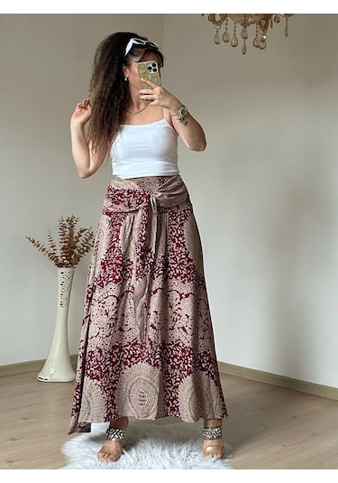 Azra Butik Otantik Desenli Etek Bordo