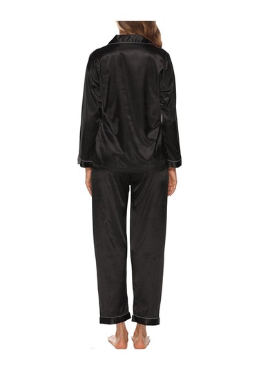 Kadın Pijama Takımı Uzun Kollu Çentikli Yaka Düğmeli Yumuşak Saten Pijama - Koyu Yeşil